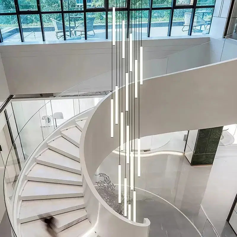 Modern minimalist DecorBites™ LED spiral ceiling chandelier with slender rectangular bars for elegant home lighting