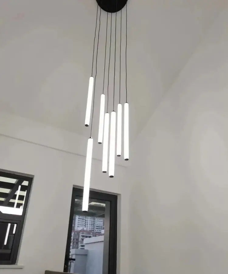 Modern black circular led spiral ceiling chandelier with slender white cylindrical light tubes for home decor