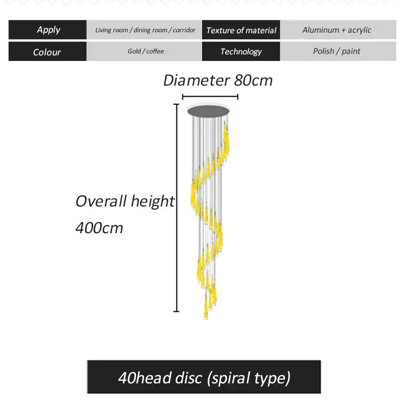 Tall elegant decorbites led spiral chandelier in gold and coffee with 40 aluminum and acrylic disc heads for stairwell lighting