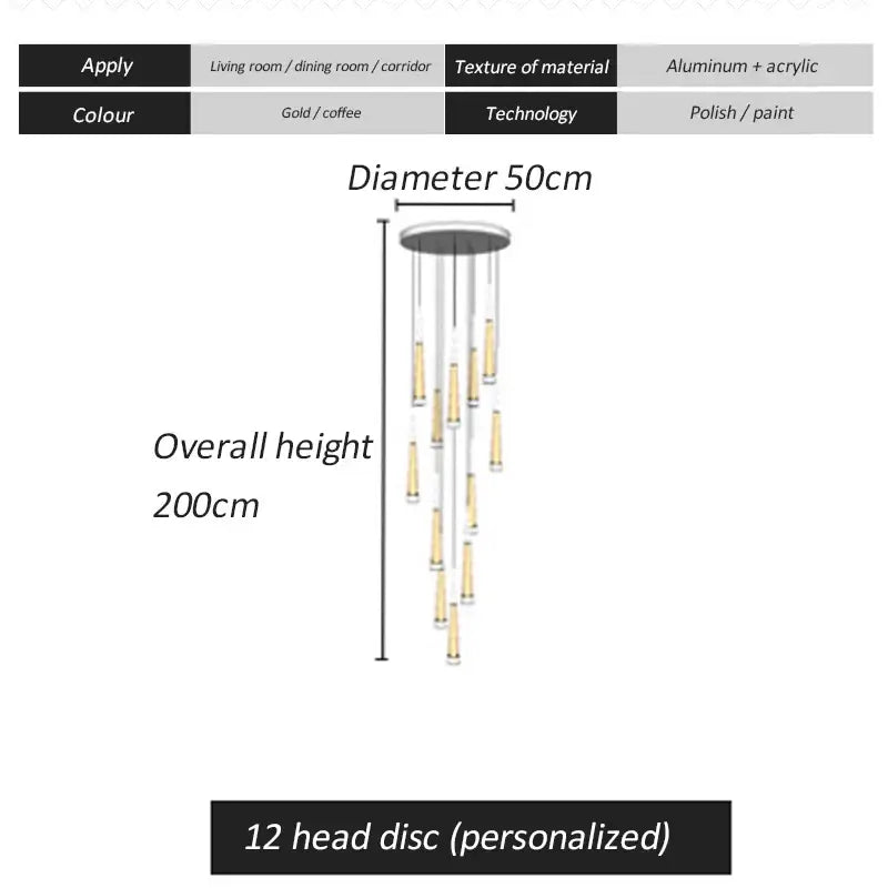 Decorbites led spiral chandelier in gold and coffee with 12 head discs on aluminum acrylic for modern stairwell lighting