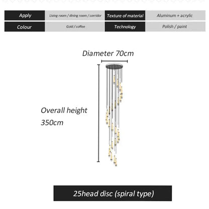 Decorbites led spiral chandelier in gold and coffee with 25 aluminum acrylic disc heads for modern stairwell lighting
