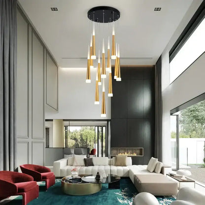 Modern gold and white decorbites led spiral chandelier with tapered shades and black ceiling mount for stairwell lighting
