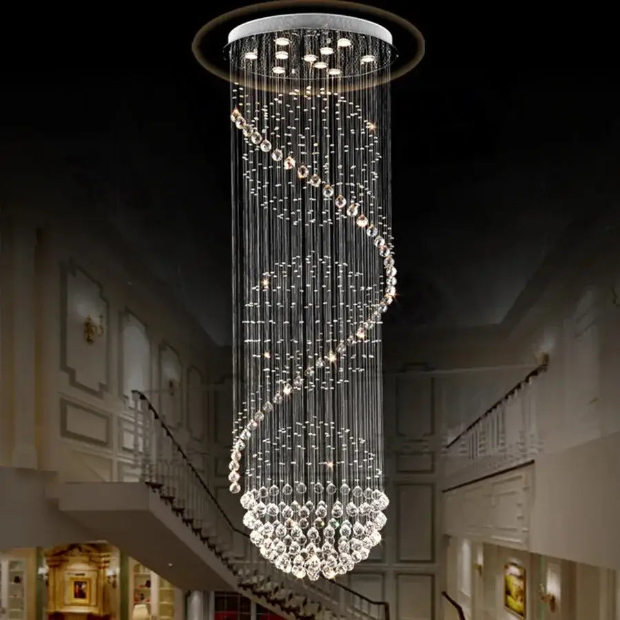 DecorBites LED spiral crystal ball chandelier with cascading crystal beads and sleek metallic frame for indoor use