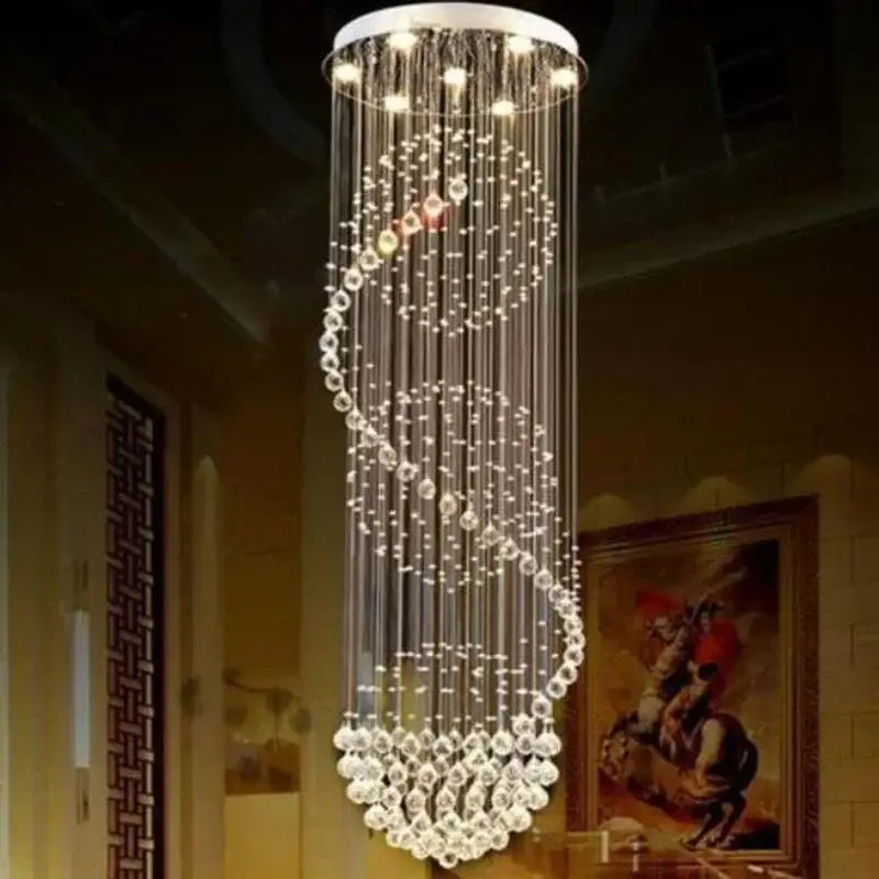 DecorBites led spiral crystal ball chandelier with white circular top and clear faceted crystals for indoor stairs