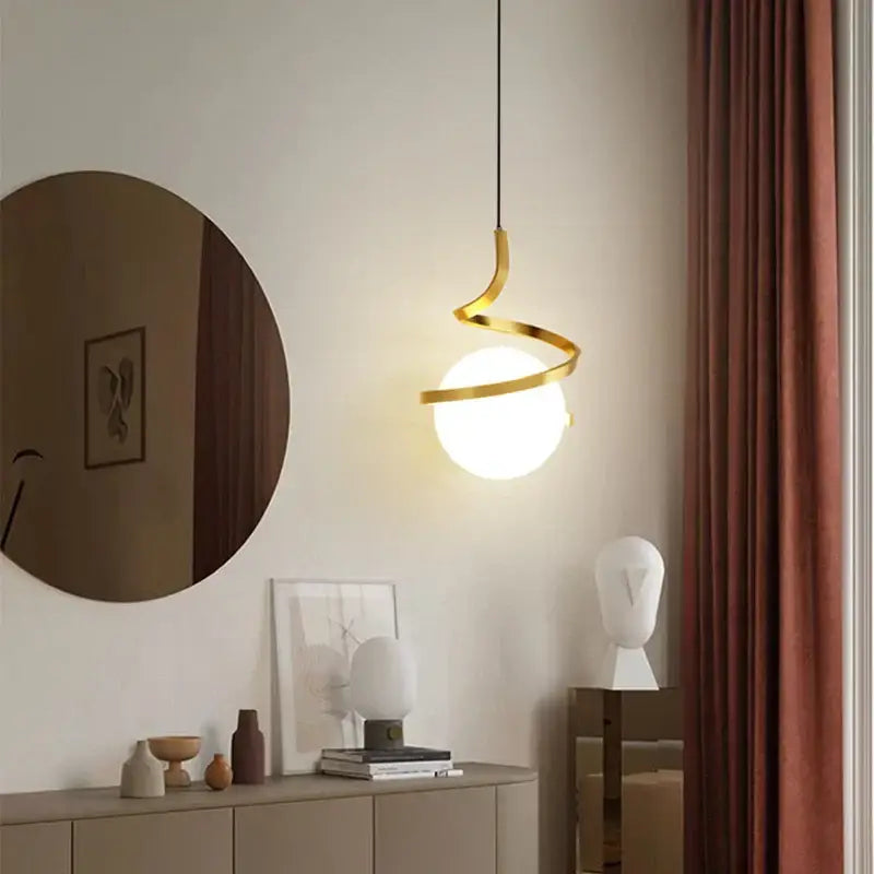 Gold-toned decorbites led spiral pendant light with frosted glass globe for living room and bedroom lighting