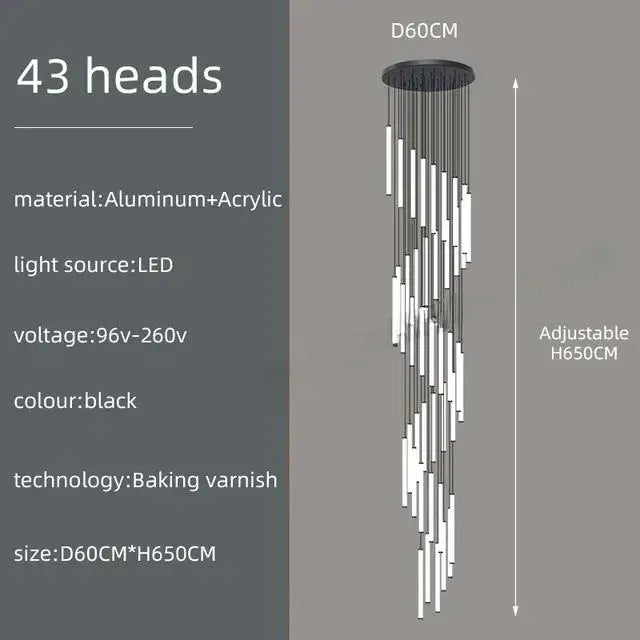 Black modern DecorBites™ led spiral staircase ceiling chandelier with 43 led heads made of aluminum and acrylic