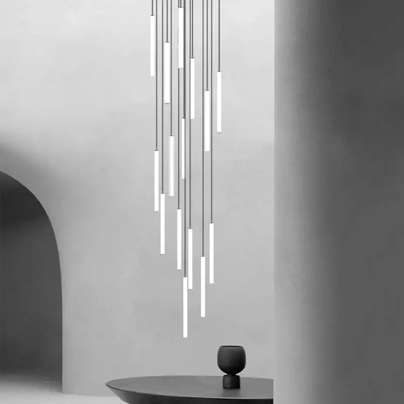 Modern minimalist decorbites™ led spiral staircase ceiling chandelier with slender white glowing cylindrical tubes