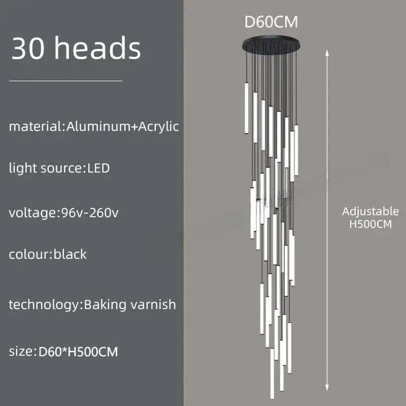 DecorBites™ black led spiral staircase chandelier with 30 aluminum and acrylic light heads for home decor