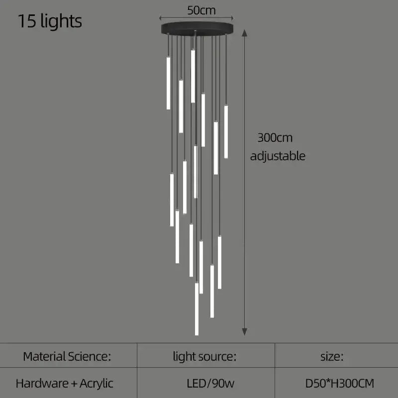 Modern black pendant ceiling light with 15 adjustable white acrylic led rods for led spiral staircase home decor by DecorBites