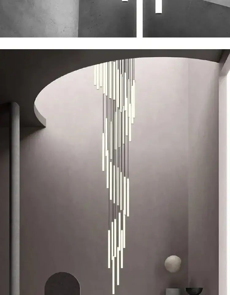 Modern minimalist decorbites™ led spiral staircase chandelier with slender white and metallic gray cylindrical rods