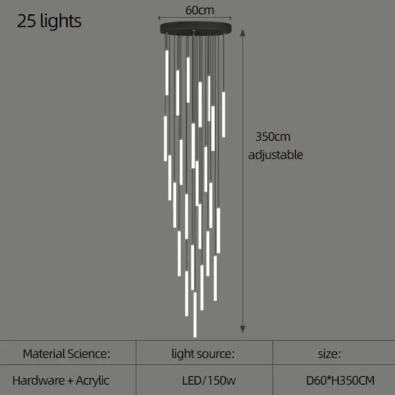 Black and white led spiral staircase chandelier with 25 lights and sleek acrylic design for home decoration by decorbites