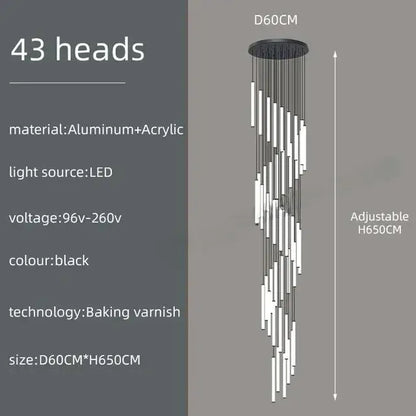 Black aluminum and acrylic DecorBites™ led spiral staircase chandelier with 43 light heads for home lighting