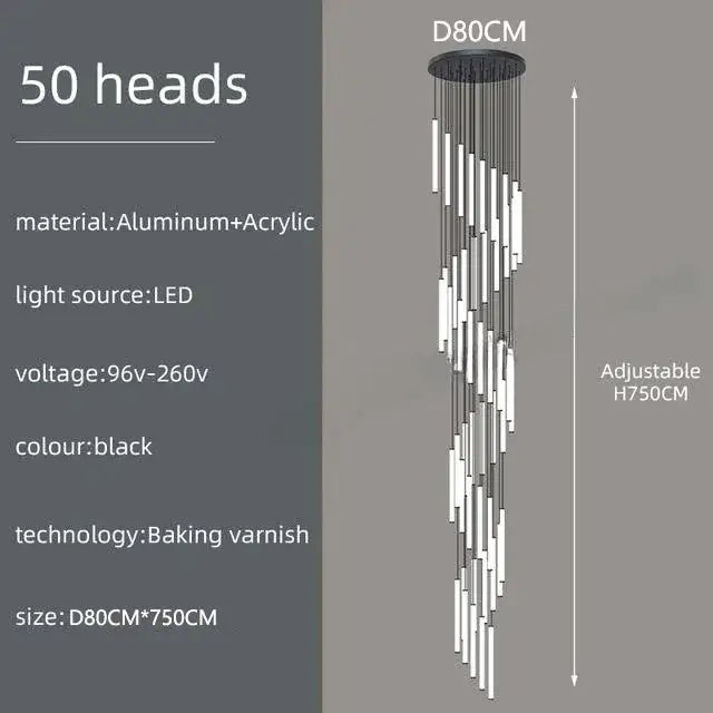 Black DecorBites™ led spiral staircase chandelier with 50 aluminum and acrylic light heads for home lighting