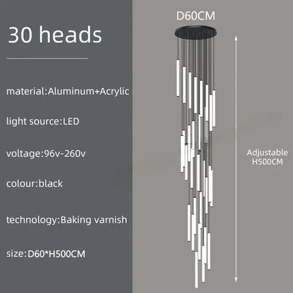 Black modern decorbites led spiral staircase chandelier with 30 slender aluminum and acrylic light heads for home lighting