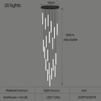 Black circular decorbites™ led spiral staircase chandelier with 20 white acrylic light tubes adjustable to 350cm height