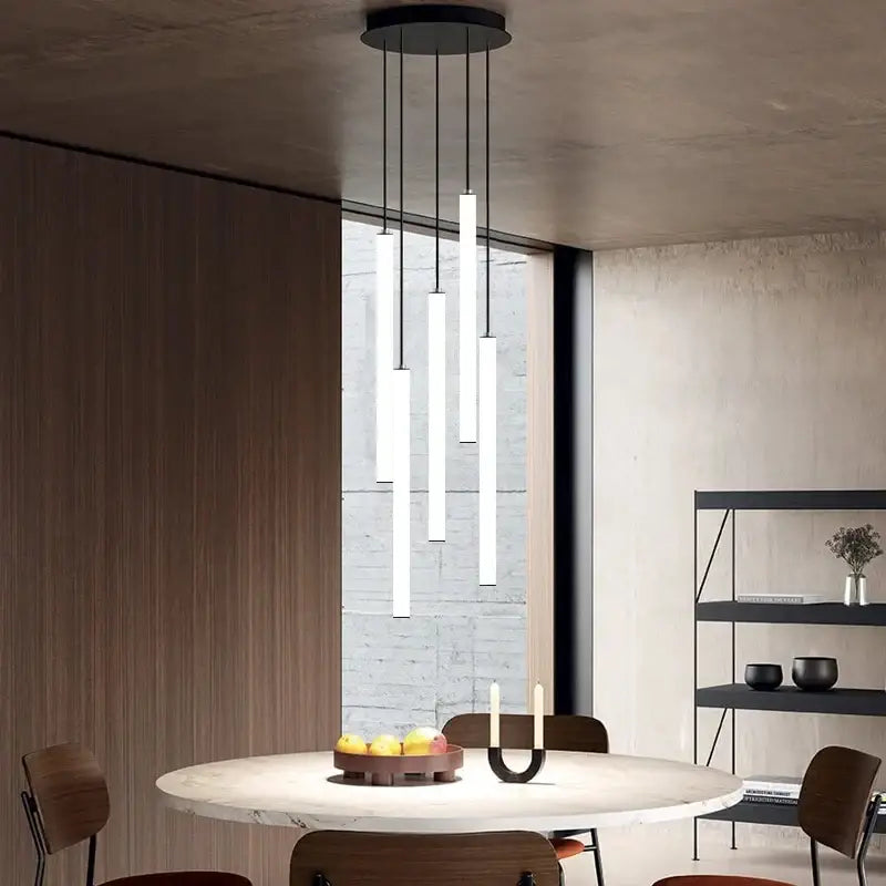 Modern minimalist decorbites™ led spiral staircase chandelier with five white cylindrical rods and black ceiling fixture