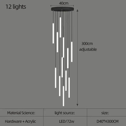 Modern black circular DecorBites™ led spiral staircase chandelier with 12 adjustable white acrylic light tubes for home lighting