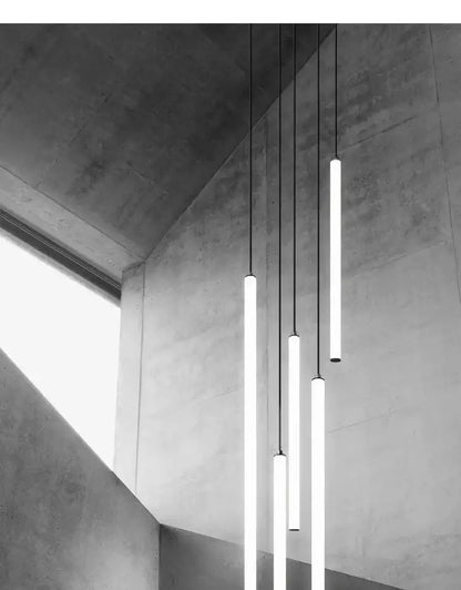 Decorbites™ led spiral staircase chandelier with modern minimalist cylindrical pendant lights and thin black cords for home lighting