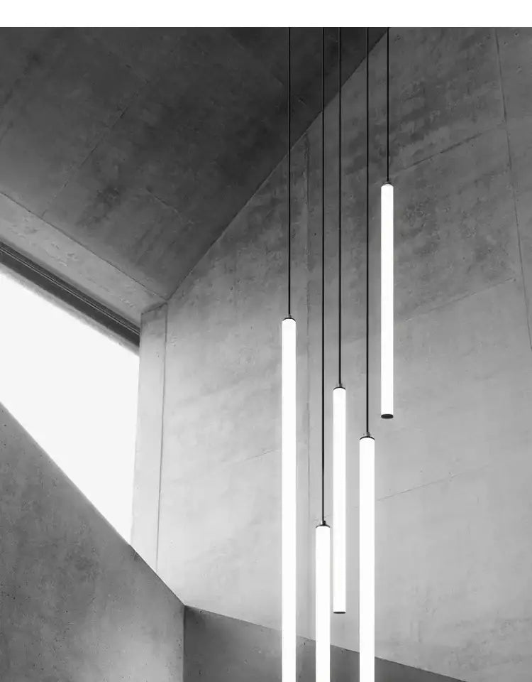 DecorBites™ led spiral staircase chandelier with modern minimalist cylindrical pendant lights and thin black cords for home