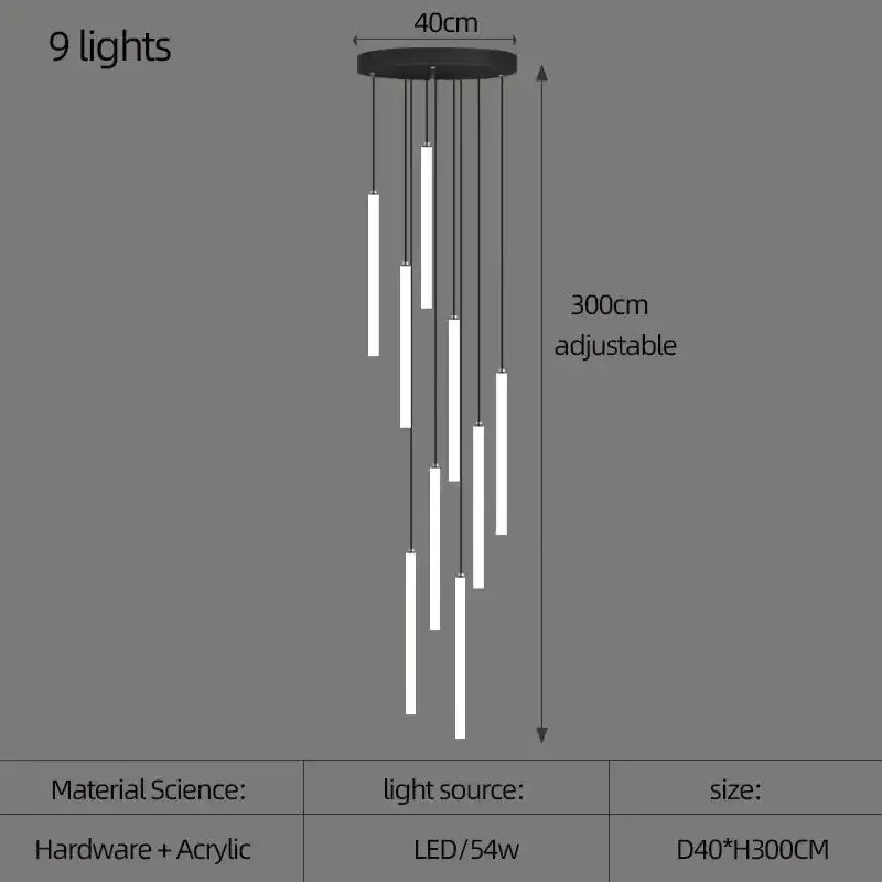 Modern black circular DecorBites™ led spiral staircase chandelier with nine adjustable white acrylic led light tubes