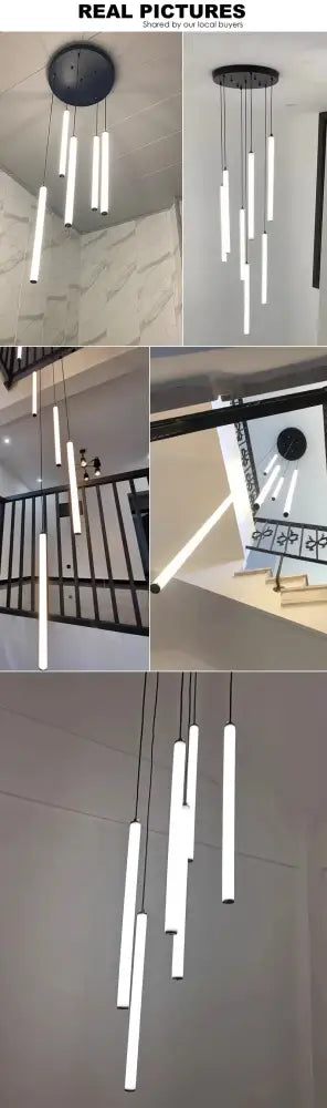 Modern minimalist led spiral staircase chandelier featuring sleek white cylindrical tubes with black fixtures for living room lighting