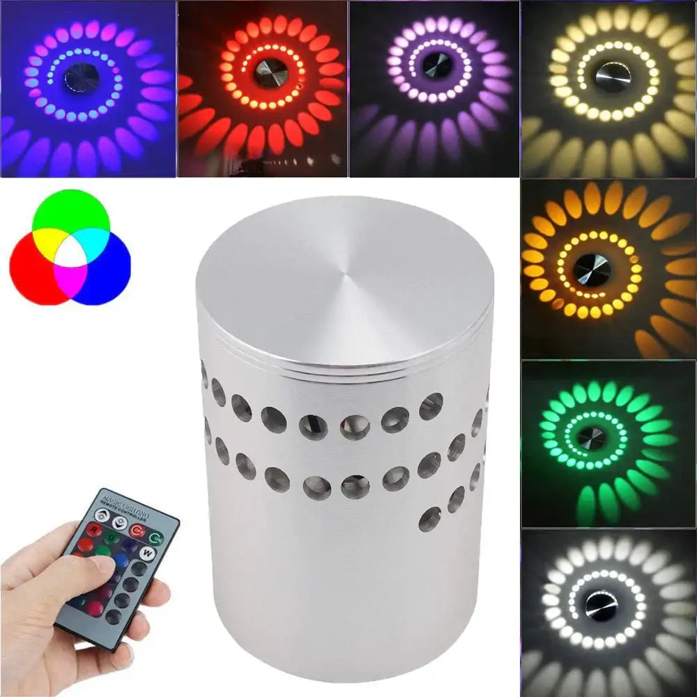 Silver cylindrical decorbites led spiral wall light with perforated sides and rgb remote control for color effects