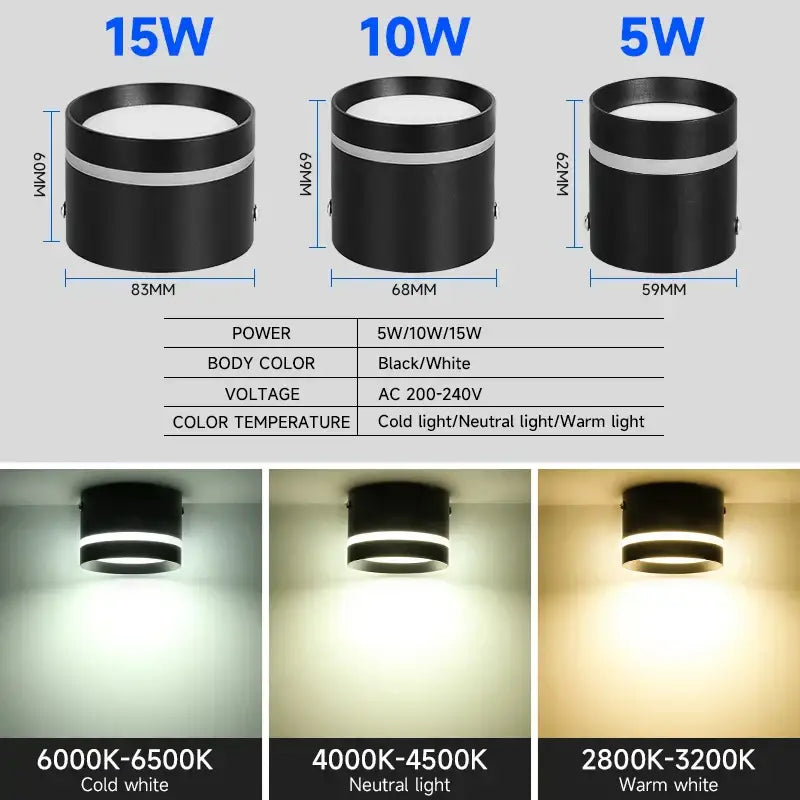 Black cylindrical decorbites led spot ceiling downlight with white ring accent available in 5w 10w and 15w models