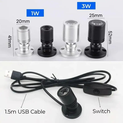 Black and silver decorbites led spotlight 1w 3w dc5v usb powered with adjustable brightness for cabinet shelf lighting