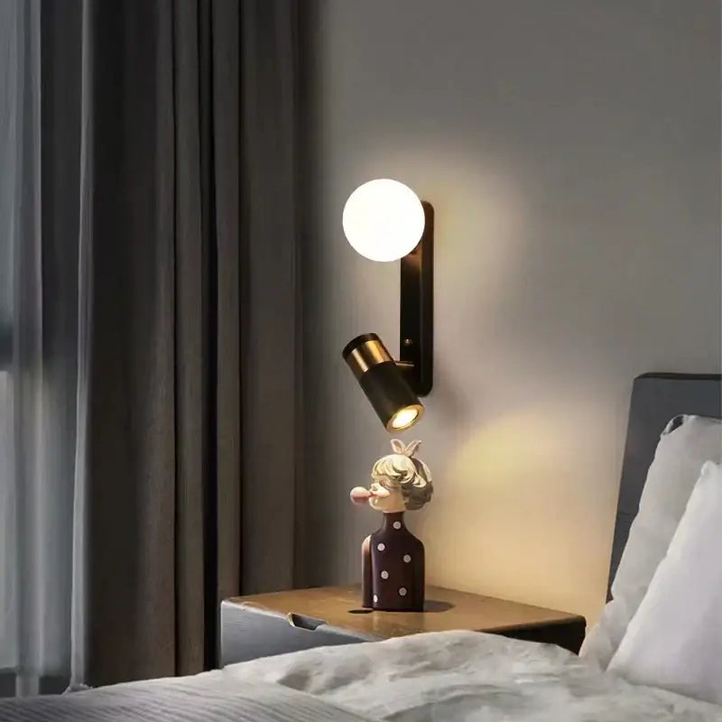Modern black wall lamp with spherical white light and adjustable spotlight decorbites led spotlight wall for bedroom use
