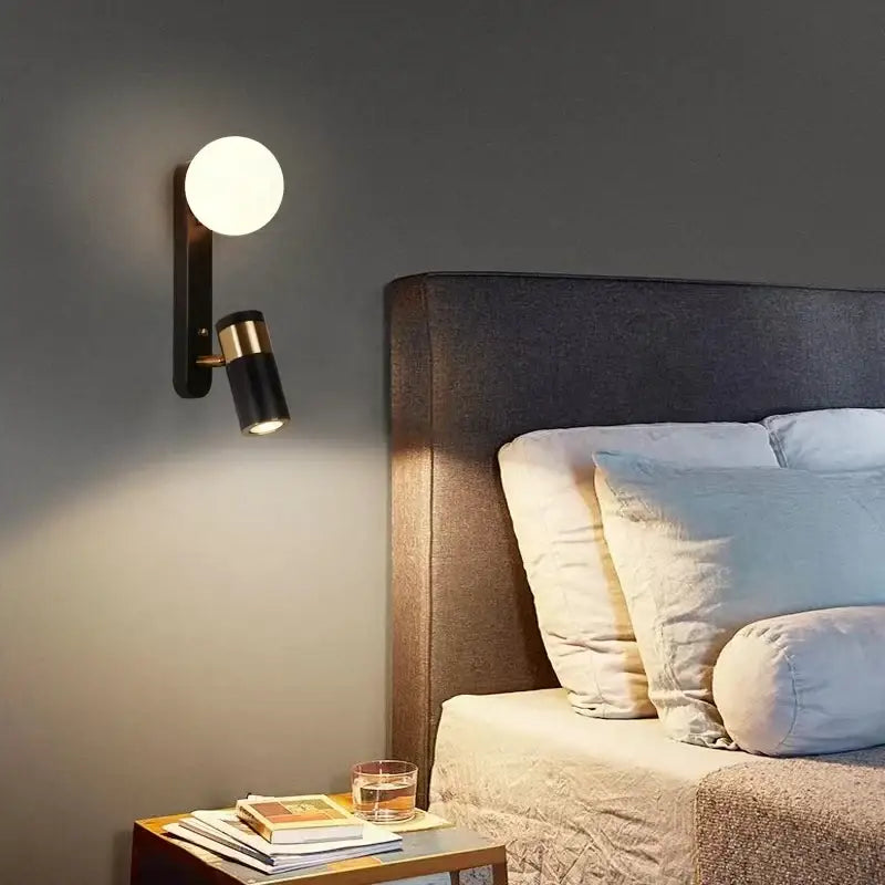 Modern black and brass wall lamp with spherical globe and adjustable spotlight decorbites led spotlight wall lamp for bedside