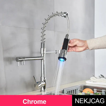 Black bronze and chrome decorbites led spring kitchen faucet with flexible coiled hose and illuminated spray head