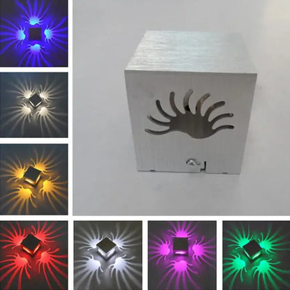 Silver cube-shaped decorbites led square aluminum wall lamp with sunburst cutout and multicolor lighting options
