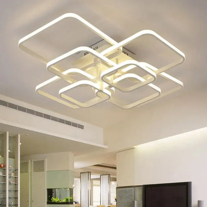 Modern white DecorBites LED square chandelier ceiling light with layered rectangular frames for living room and bedroom