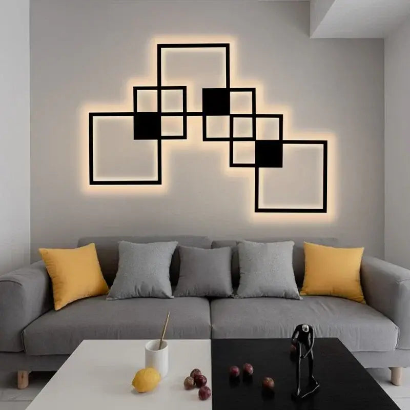 Black geometric DecorBites LED Square wall lamp with illuminated edges for indoor living room bedroom foyer lighting