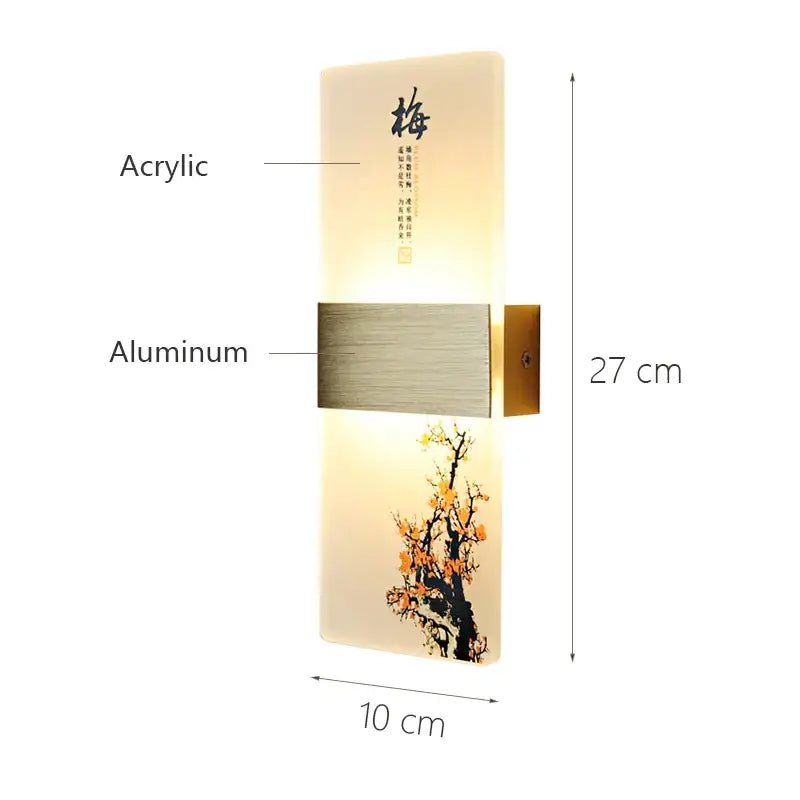 Decorbites led square wall lamp featuring a translucent acrylic cherry blossom panel with chinese calligraphy and aluminum bar