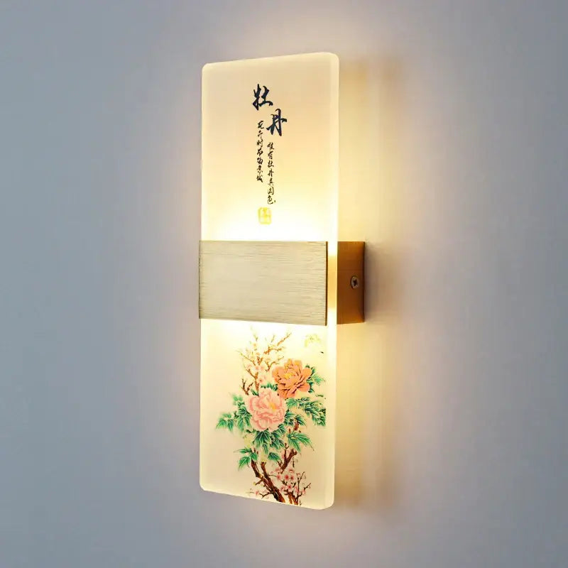 Decorbites led square wall lamp with frosted glass and chinese floral artwork for modern indoor lighting use