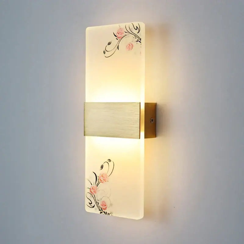 Rectangular decorbites led square wall lamp with frosted glass pink rose decals and brushed gold bar for indoor use