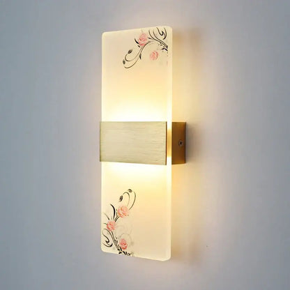 Rectangular decorbites led square wall lamp with frosted glass pink rose decals and brushed gold bar for indoor use