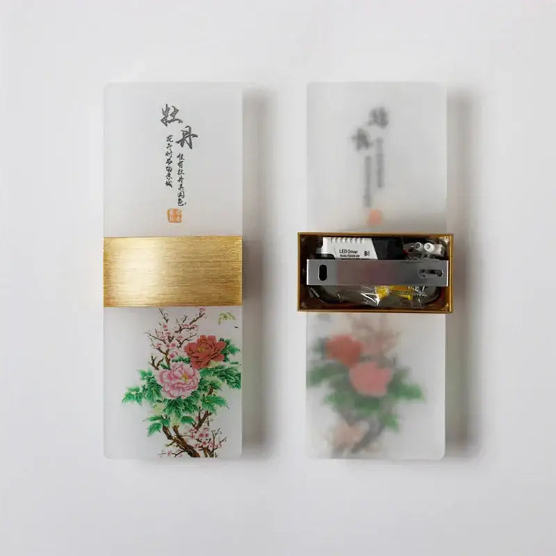 Translucent white decorbites led square wall lamp with gold accent and painted peony design for modern indoor lighting