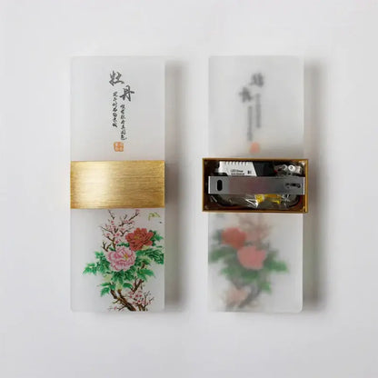 Translucent white decorbites led square wall lamp with gold accent and painted peony design for modern indoor lighting
