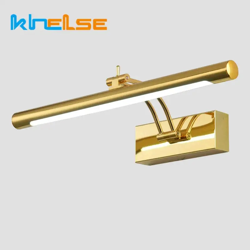 Gold-finished decorbites led stainless steel wall lamp with adjustable arm and elongated bar design for bathroom use