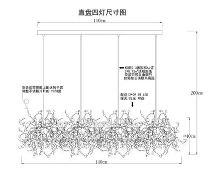 Technical schematic of decorbites™ led stainless steel chandelier pendant light with organic filament design for modern decor