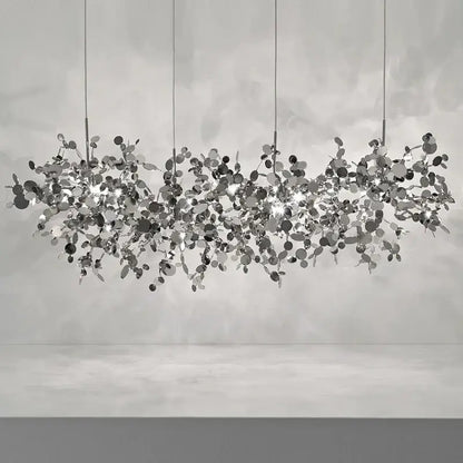 Silver metallic leaf pendant chandelier in led stainless steel with modern organic design for home decor lighting