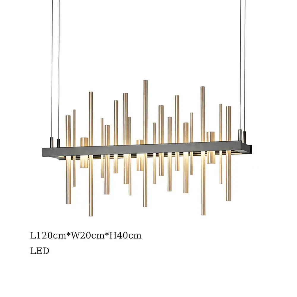 Modern DecorBites LED stainless steel pendant light with black frame and gold rods for foyer and living room decor