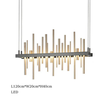 Modern DecorBites LED stainless steel pendant light with black frame and gold rods for foyer and living room decor