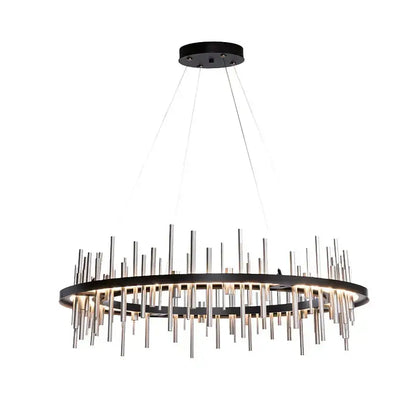Modern black and chrome circular pendant light with vertical stainless steel rods from decorbites led stainless collection