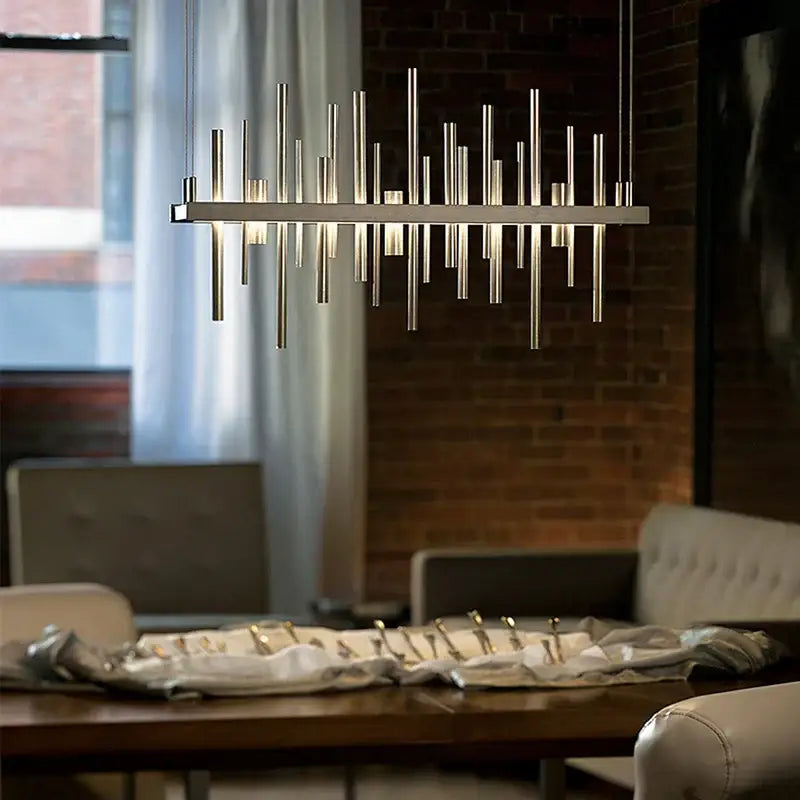 Modern silver-toned DecorBites™ LED stainless steel pendant light chandelier with geometric vertical rods for home decor