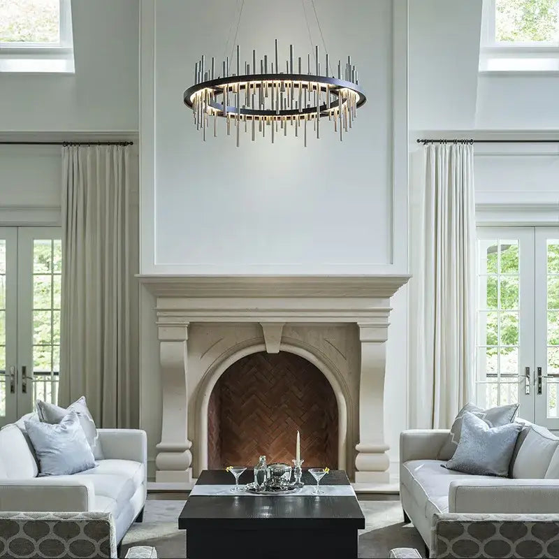 DecorBites led stainless steel pendant light chandelier in black with slender rods for foyer and living room decor