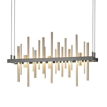 Modern rectangular decorbites led stainless steel pendant light with black frame and brass rods emitting warm illumination
