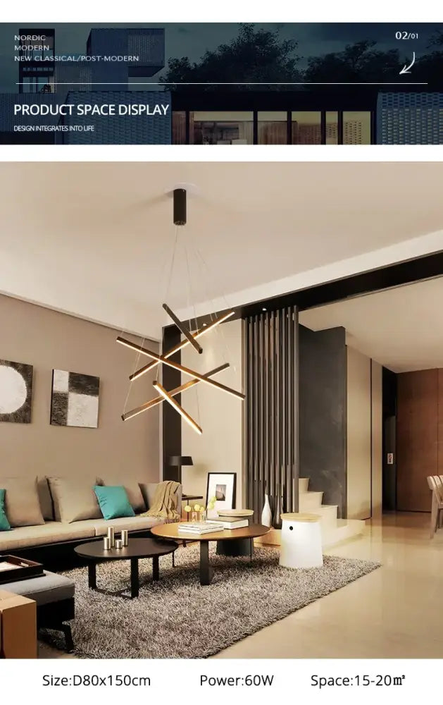 Modern geometric decorbites™ stair ceiling chandelier with intersecting gold metal rods and warm led lighting for living room